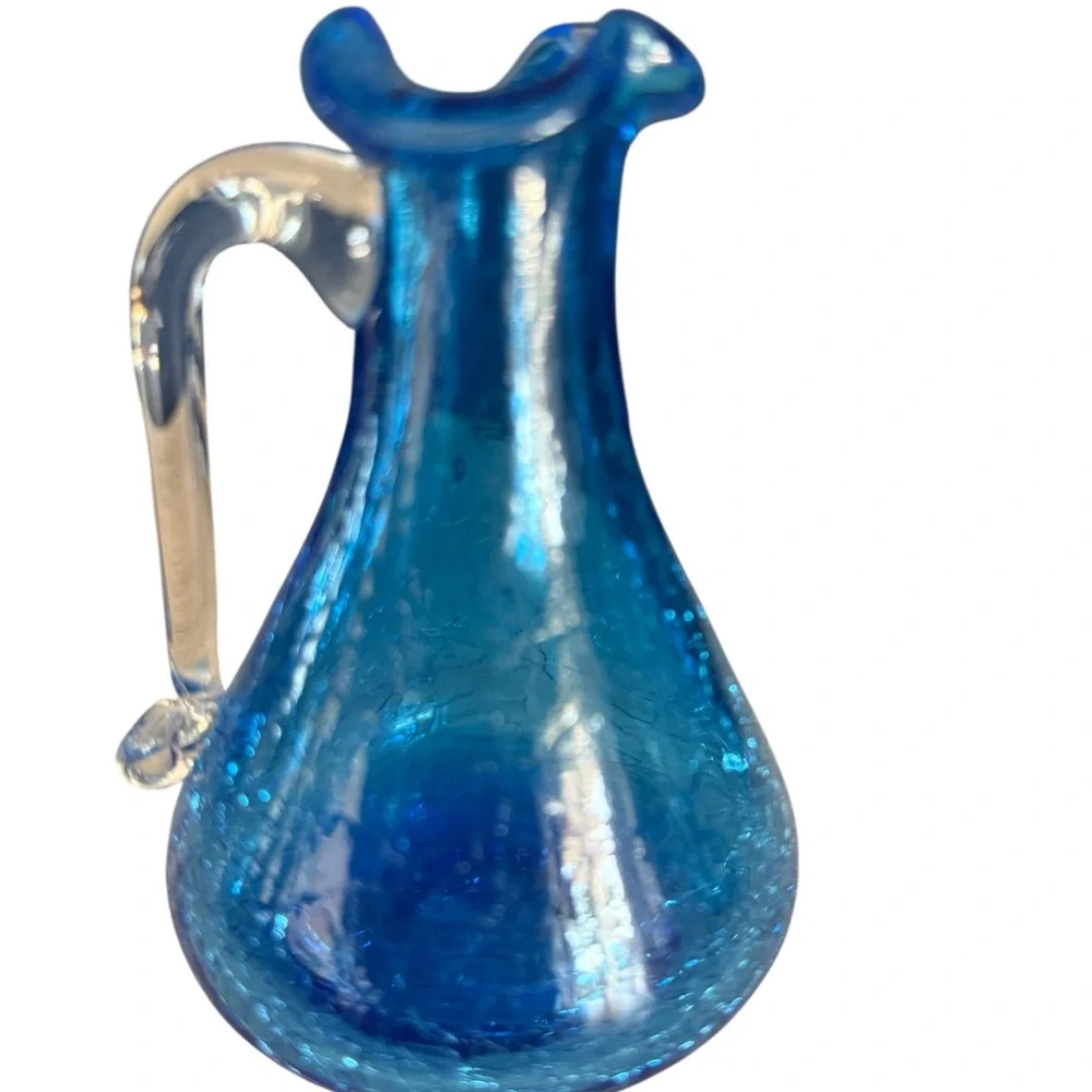 Vintage crackle glass Blue Pilgrim Hand Blown Small Pitcher